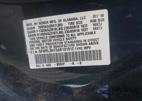 2010 Honda Odyssey Exl from USA, damaged, VIN 5FNRL3H73AB101912